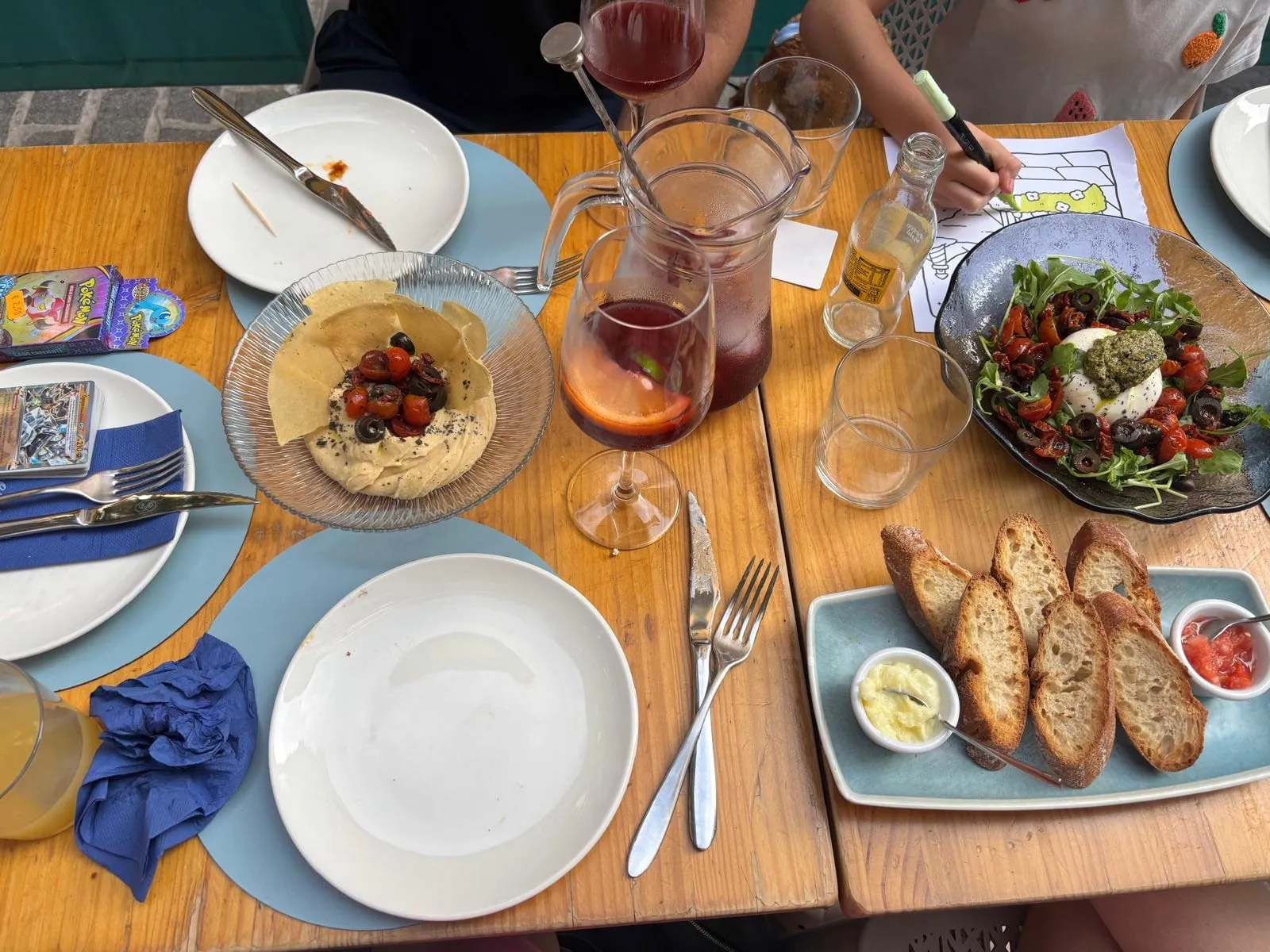 Tapas and sangria on our table outside a Valencia restaurant